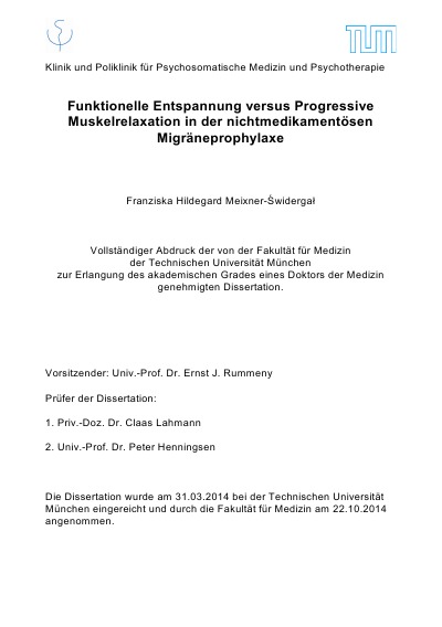 'Cover von Funktionelle Entspannung versus Progressive Muskelrelaxation in der nichtmedikamentösen Migräneprophylaxe'-Cover